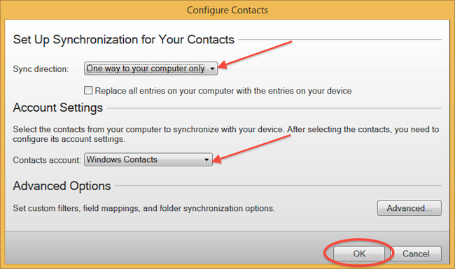 Select Sync direction, Contacts account and press OK
