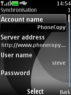Select Account name and Type PhoneCopy, Type http://www.phonecopy.com/sync into the server address field and Type your username into the username field